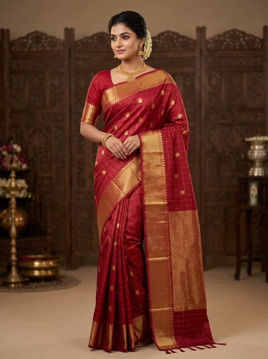 Deep Maroon and Gold Elegant Wedding Collection Traditional Silk Saree